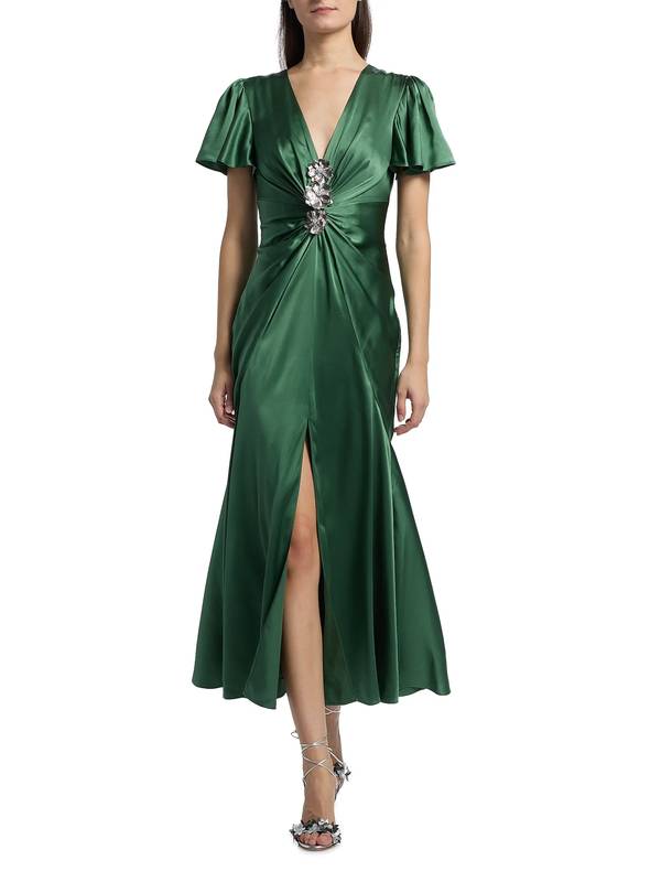 Cinq A Sept Kordyn Silk Embellished Midi Dress In Forest Fog Green 4